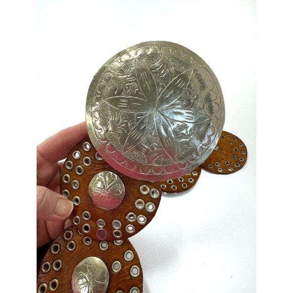 Leather Grommet Studded Round Disk Belt Floral Buckle Conchos 1970\'s main image 6
